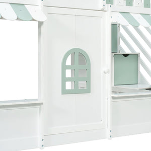 English Elm Full Over Bunk Bed Playhouse Design with Staircase Storage and Open Shelving for Kids White+Mint Green N820S00084F