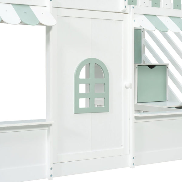 English Elm Full Over Bunk Bed Playhouse Design with Staircase Storage and Open Shelving for Kids White+Mint Green N820S00084F