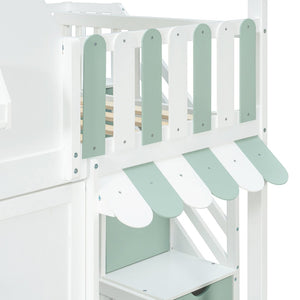 English Elm Full Over Bunk Bed Playhouse Design with Staircase Storage and Open Shelving for Kids White+Mint Green N820S00084F