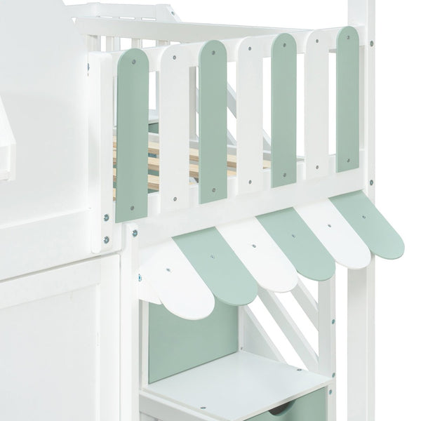 English Elm Full Over Bunk Bed Playhouse Design with Staircase Storage and Open Shelving for Kids White+Mint Green N820S00084F