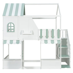 English Elm Full Over Bunk Bed Playhouse Design with Staircase Storage and Open Shelving for Kids White+Mint Green N820S00084F