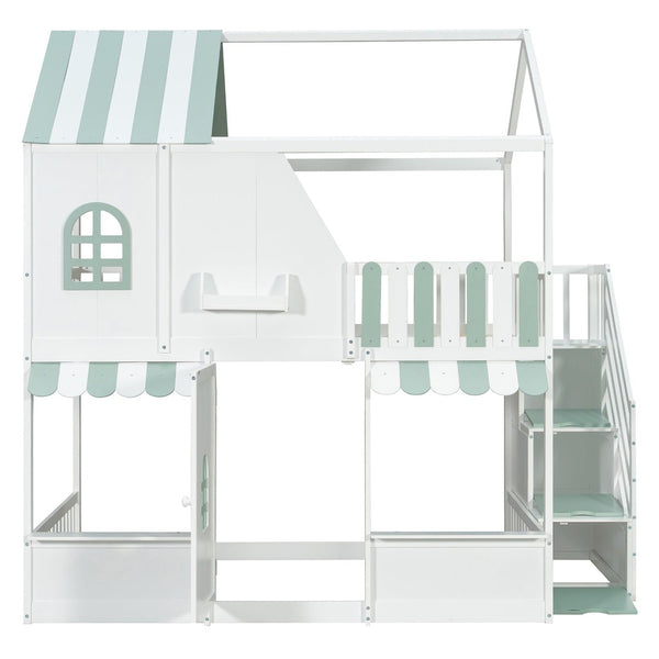 English Elm Full Over Bunk Bed Playhouse Design with Staircase Storage and Open Shelving for Kids White+Mint Green N820S00084F