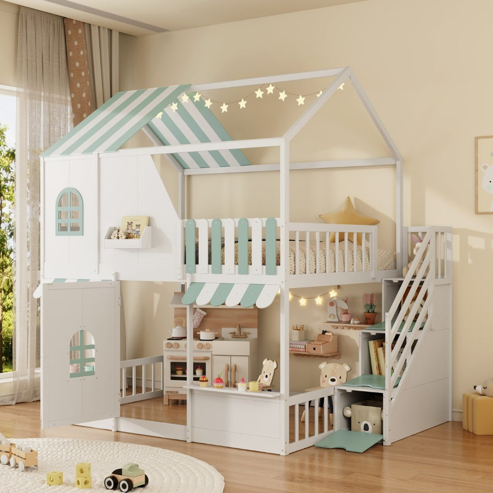 English Elm Full Over Bunk Bed Playhouse Design with Staircase Storage and Open Shelving for Kids White+Mint Green N820S00084F