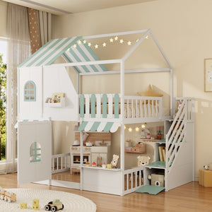 English Elm Full Over Bunk Bed Playhouse Design with Staircase Storage and Open Shelving for Kids White+Mint Green N820S00084F