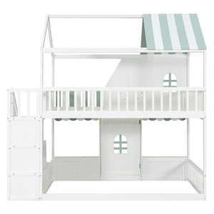 English Elm Full Over Bunk Bed Playhouse Design with Staircase Storage and Open Shelving for Kids White+Mint Green N820S00084F