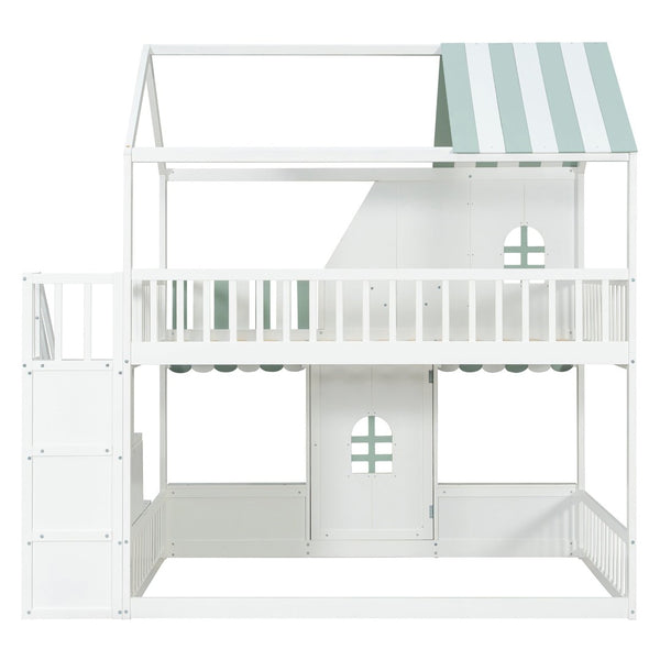 English Elm Full Over Bunk Bed Playhouse Design with Staircase Storage and Open Shelving for Kids White+Mint Green N820S00084F