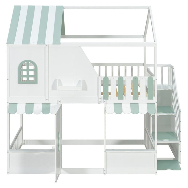English Elm Full Over Bunk Bed Playhouse Design with Staircase Storage and Open Shelving for Kids White+Mint Green N820S00084F