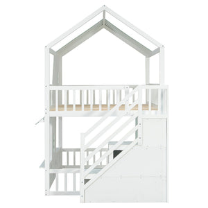 English Elm Full Over Bunk Bed Playhouse Design with Staircase Storage and Open Shelving for Kids White+Mint Green N820S00084F