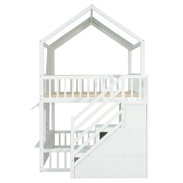 English Elm Full Over Bunk Bed Playhouse Design with Staircase Storage and Open Shelving for Kids White+Mint Green N820S00084F