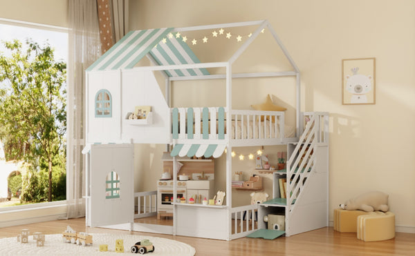 English Elm Full Over Bunk Bed Playhouse Design with Staircase Storage and Open Shelving for Kids White+Mint Green N820S00084F