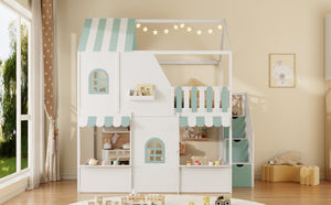 English Elm Full Over Bunk Bed Playhouse Design with Staircase Storage and Open Shelving for Kids White+Mint Green N820S00084F