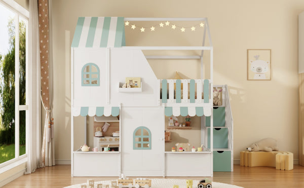 English Elm Full Over Bunk Bed Playhouse Design with Staircase Storage and Open Shelving for Kids White+Mint Green N820S00084F