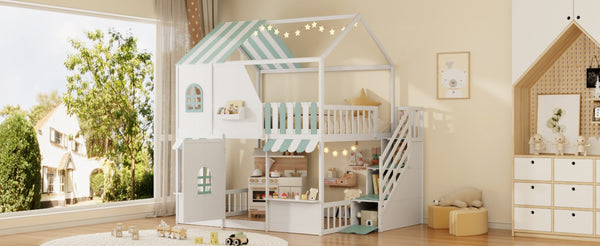 English Elm Full Over Bunk Bed Playhouse Design with Staircase Storage and Open Shelving for Kids White+Mint Green N820S00084F