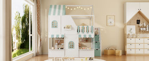 English Elm Full Over Bunk Bed Playhouse Design with Staircase Storage and Open Shelving for Kids White+Mint Green N820S00084F