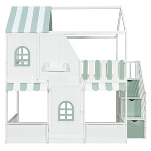 English Elm Full Over Bunk Bed Playhouse Design with Staircase Storage and Open Shelving for Kids White+Mint Green N820S00084F