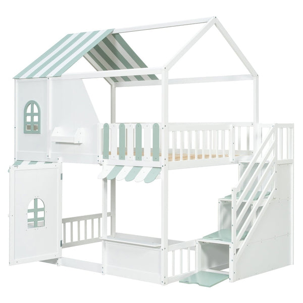 English Elm Full Over Bunk Bed Playhouse Design with Staircase Storage and Open Shelving for Kids White+Mint Green N820S00084F