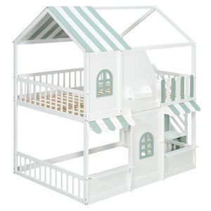 English Elm Full Over Bunk Bed Playhouse Design with Staircase Storage and Open Shelving for Kids White+Mint Green N820S00084F