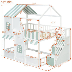English Elm Full Over Bunk Bed Playhouse Design with Staircase Storage and Open Shelving for Kids White+Mint Green N820S00084F