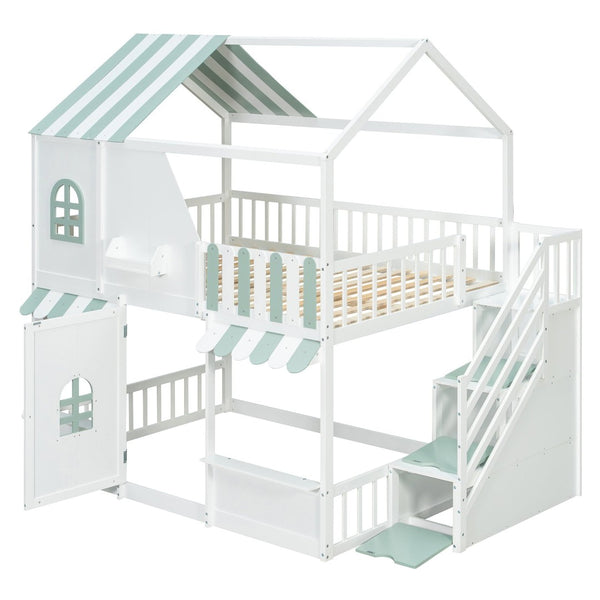 English Elm Full Over Bunk Bed Playhouse Design with Staircase Storage and Open Shelving for Kids White+Mint Green N820S00084F