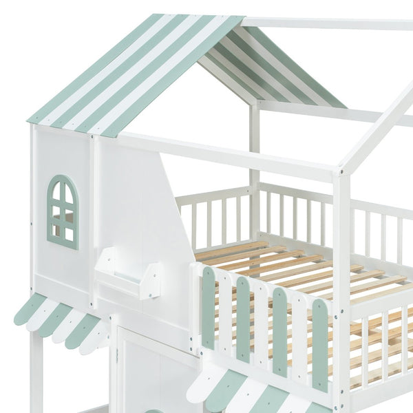 English Elm Full Over Bunk Bed Playhouse Design with Staircase Storage and Open Shelving for Kids White+Mint Green N820S00084F