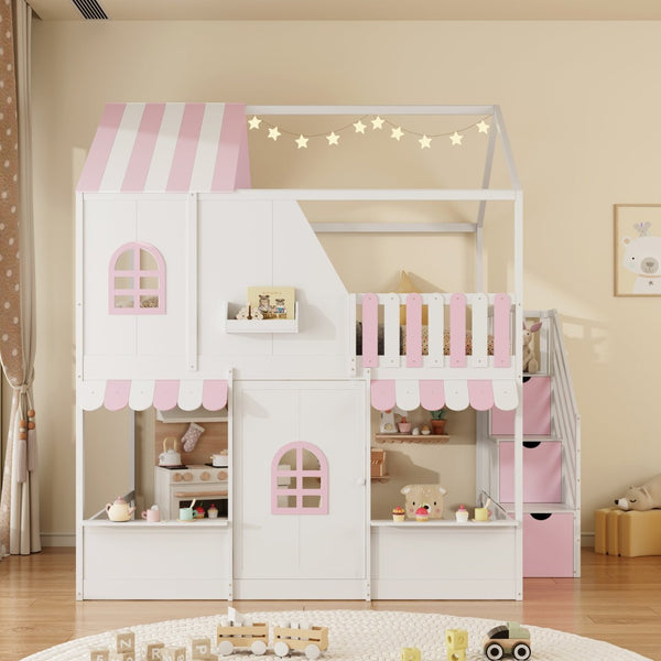 English Elm Full Over Bunk Bed Playhouse Design with Staircase Storage and Open Shelving for Kids White+Pink N820S00084K