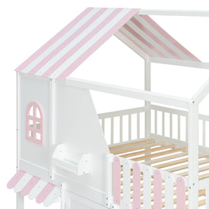 English Elm Full Over Bunk Bed Playhouse Design with Staircase Storage and Open Shelving for Kids White+Pink N820S00084K