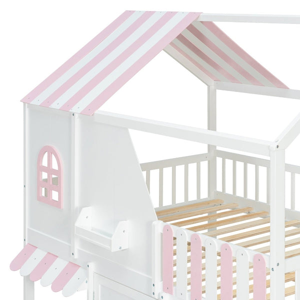 English Elm Full Over Bunk Bed Playhouse Design with Staircase Storage and Open Shelving for Kids White+Pink N820S00084K