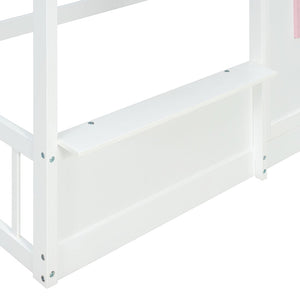English Elm Full Over Bunk Bed Playhouse Design with Staircase Storage and Open Shelving for Kids White+Pink N820S00084K