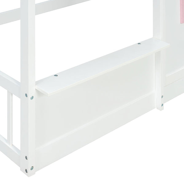 English Elm Full Over Bunk Bed Playhouse Design with Staircase Storage and Open Shelving for Kids White+Pink N820S00084K
