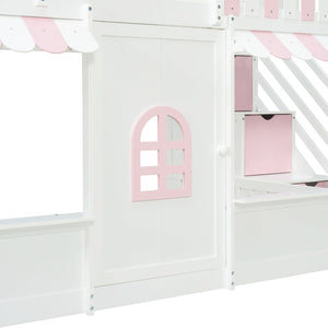 English Elm Full Over Bunk Bed Playhouse Design with Staircase Storage and Open Shelving for Kids White+Pink N820S00084K