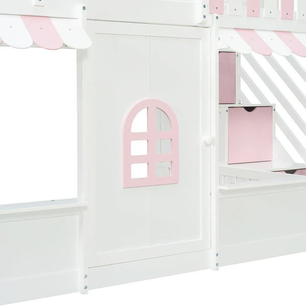 English Elm Full Over Bunk Bed Playhouse Design with Staircase Storage and Open Shelving for Kids White+Pink N820S00084K