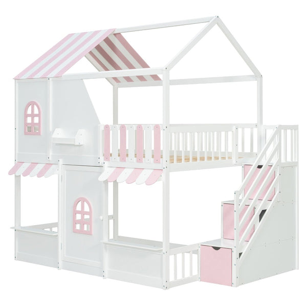 English Elm Full Over Bunk Bed Playhouse Design with Staircase Storage and Open Shelving for Kids White+Pink N820S00084K