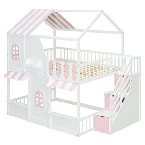 English Elm Full Over Bunk Bed Playhouse Design with Staircase Storage and Open Shelving for Kids White+Pink N820S00084K