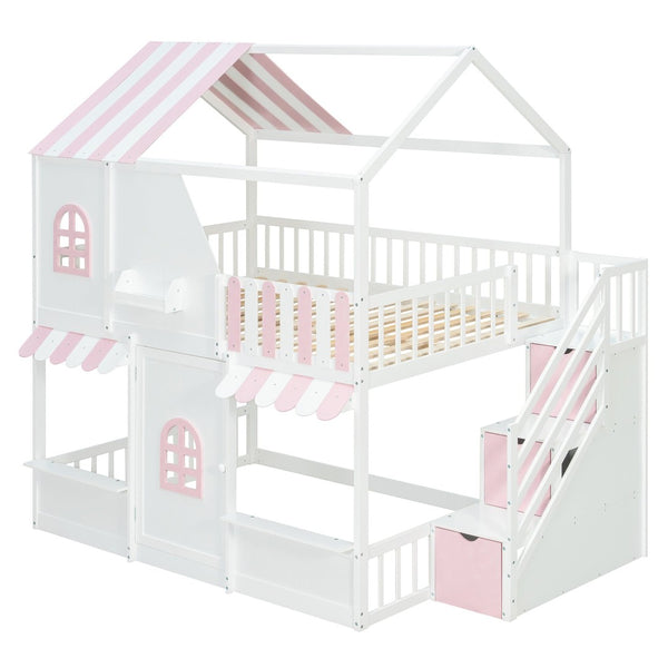 English Elm Full Over Bunk Bed Playhouse Design with Staircase Storage and Open Shelving for Kids White+Pink N820S00084K
