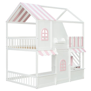 English Elm Full Over Bunk Bed Playhouse Design with Staircase Storage and Open Shelving for Kids White+Pink N820S00084K