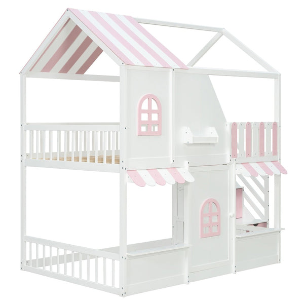 English Elm Full Over Bunk Bed Playhouse Design with Staircase Storage and Open Shelving for Kids White+Pink N820S00084K