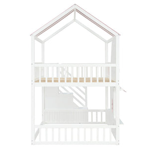 English Elm Full Over Bunk Bed Playhouse Design with Staircase Storage and Open Shelving for Kids White+Pink N820S00084K