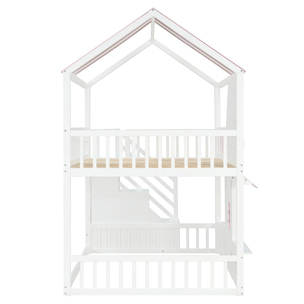 English Elm Full Over Bunk Bed Playhouse Design with Staircase Storage and Open Shelving for Kids White+Pink N820S00084K