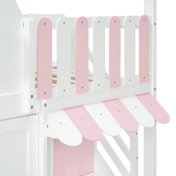 English Elm Full Over Bunk Bed Playhouse Design with Staircase Storage and Open Shelving for Kids White+Pink N820S00084K