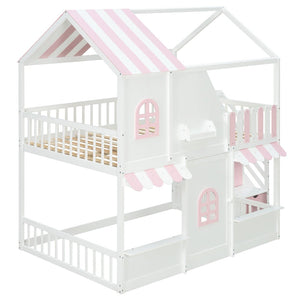 English Elm Full Over Bunk Bed Playhouse Design with Staircase Storage and Open Shelving for Kids White+Pink N820S00084K