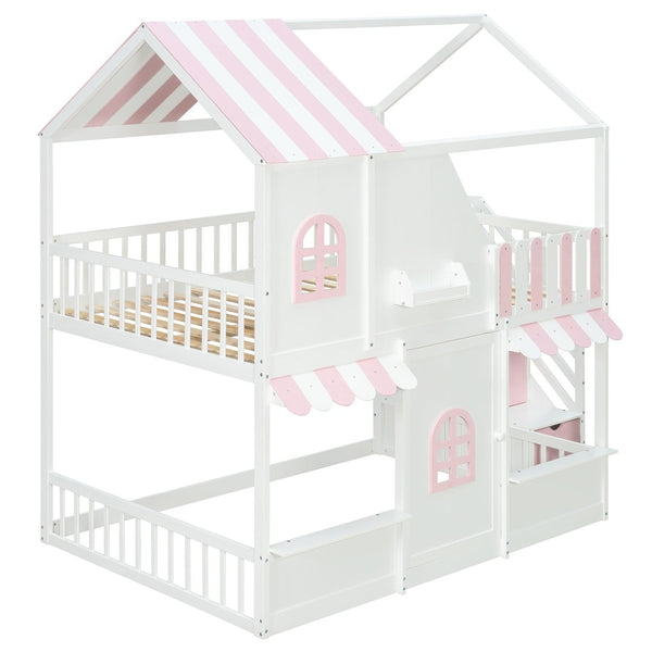 English Elm Full Over Bunk Bed Playhouse Design with Staircase Storage and Open Shelving for Kids White+Pink N820S00084K