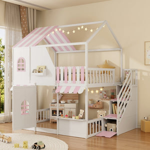 English Elm Full Over Bunk Bed Playhouse Design with Staircase Storage and Open Shelving for Kids White+Pink N820S00084K