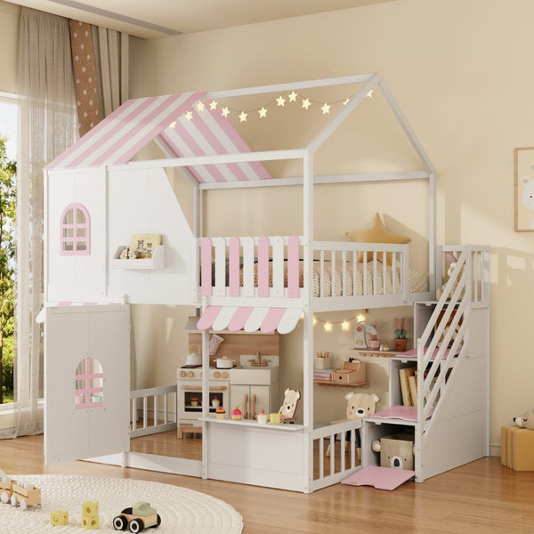 English Elm Full Over Bunk Bed Playhouse Design with Staircase Storage and Open Shelving for Kids White+Pink N820S00084K