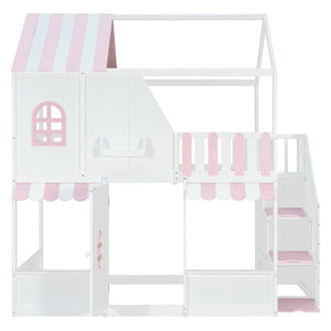 English Elm Full Over Bunk Bed Playhouse Design with Staircase Storage and Open Shelving for Kids White+Pink N820S00084K