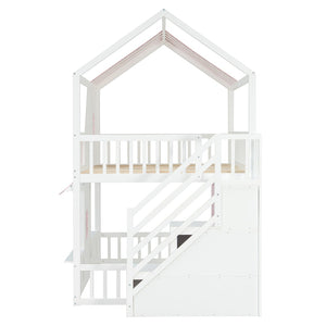 English Elm Full Over Bunk Bed Playhouse Design with Staircase Storage and Open Shelving for Kids White+Pink N820S00084K