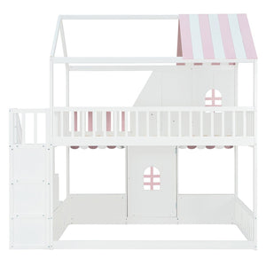 English Elm Full Over Bunk Bed Playhouse Design with Staircase Storage and Open Shelving for Kids White+Pink N820S00084K