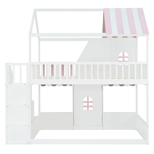 English Elm Full Over Bunk Bed Playhouse Design with Staircase Storage and Open Shelving for Kids White+Pink N820S00084K