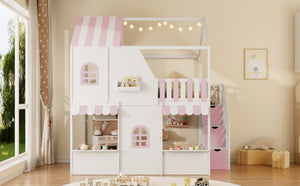 English Elm Full Over Bunk Bed Playhouse Design with Staircase Storage and Open Shelving for Kids White+Pink N820S00084K
