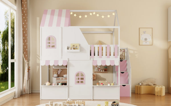 English Elm Full Over Bunk Bed Playhouse Design with Staircase Storage and Open Shelving for Kids White+Pink N820S00084K