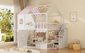 English Elm Full Over Bunk Bed Playhouse Design with Staircase Storage and Open Shelving for Kids White+Pink N820S00084K